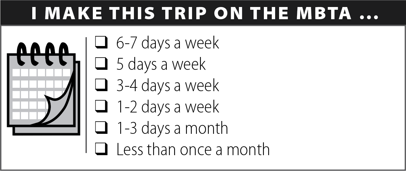 Figure 9 is an image of the section of the survey form that asked how often the respondent used the MBTA to make the trip being described. 